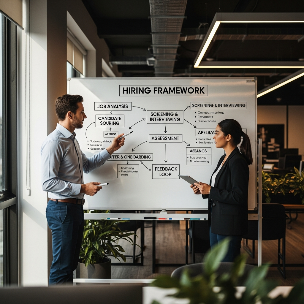 professional reviewing hiring framework whiteboard, modern office, warm editorial documentary light