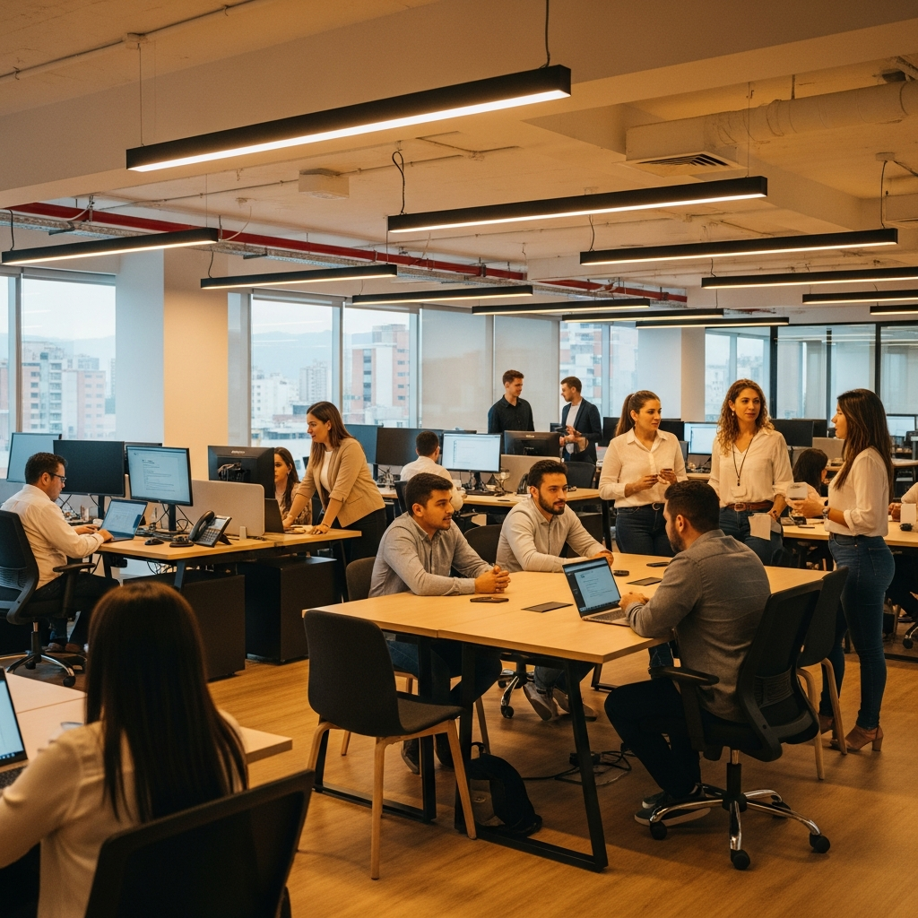 modern professional office in Colombia, open plan, bright warm lighting, team members working at desks, collaborative energy, architectural wide shot