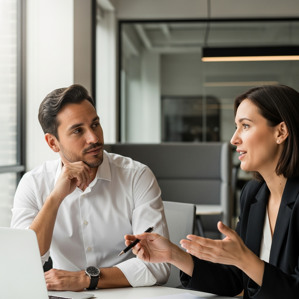 two professionals in a warm discovery meeting, one listening and one explaining, modern office, natural documentary light, trust and clarity