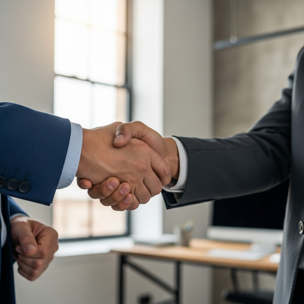 warm handshake between US client and Latin American professional, modern office background, natural editorial light, trust and partnership