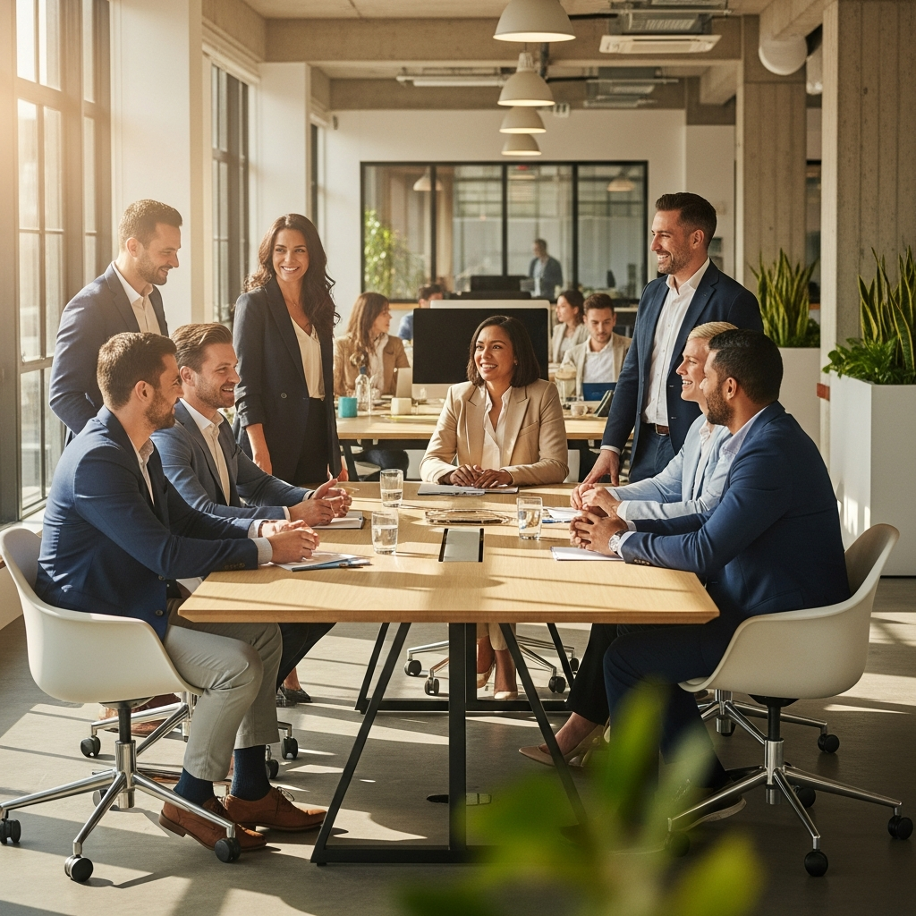confident professional team in modern office, warm editorial light, community and culture, wide shot