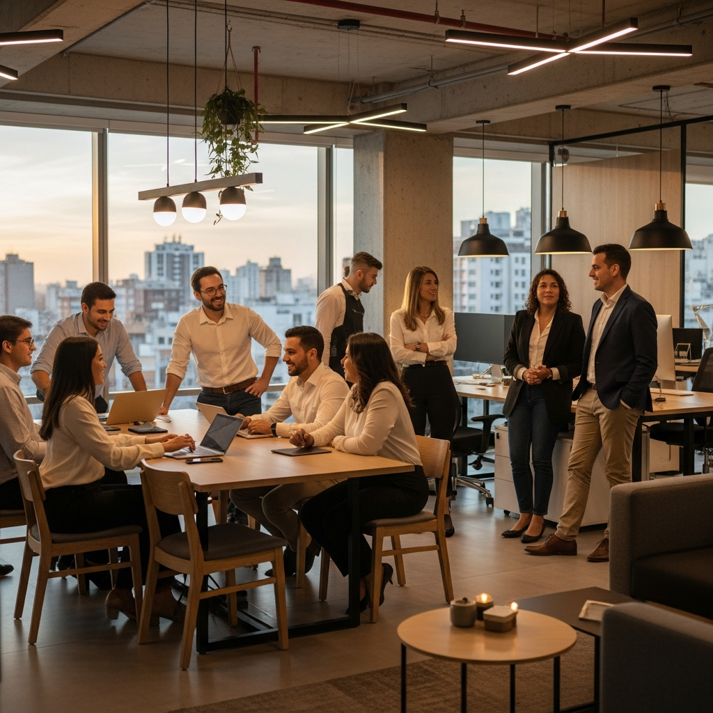 Confident Latin American professionals in modern office, warm ambient lighting, team culture and energy, wide editorial shot