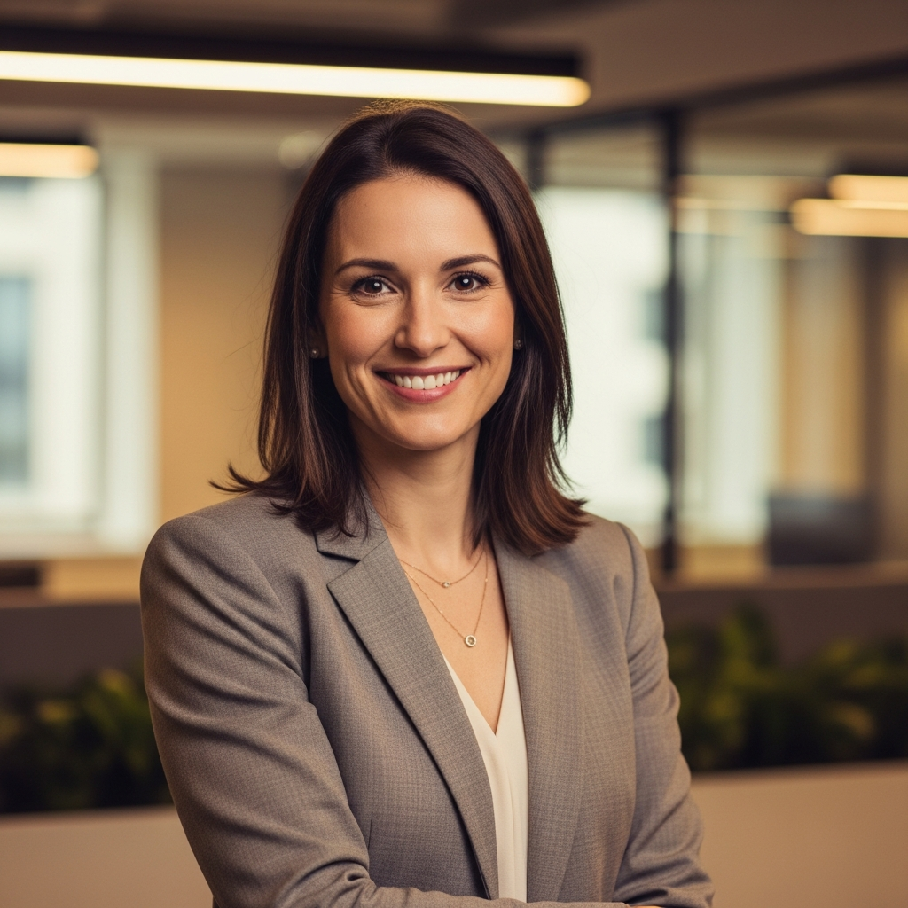 confident talent strategist smiling at camera in modern office, approachable and professional, warm light, editorial portrait style
