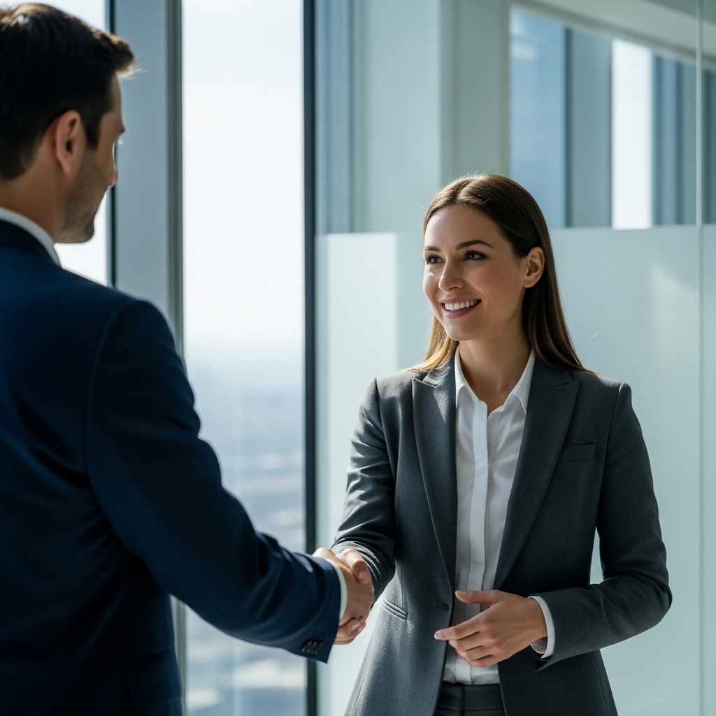 ISA talent strategist welcoming client, professional warm handshake, modern office, editorial light