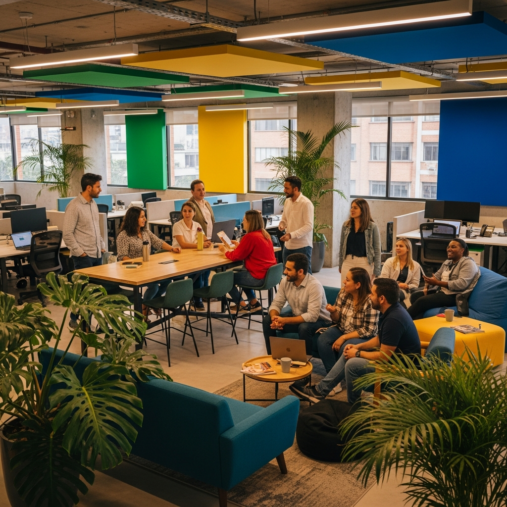 vibrant modern office in Colombia, team members socializing and collaborating, community feel, warm natural light