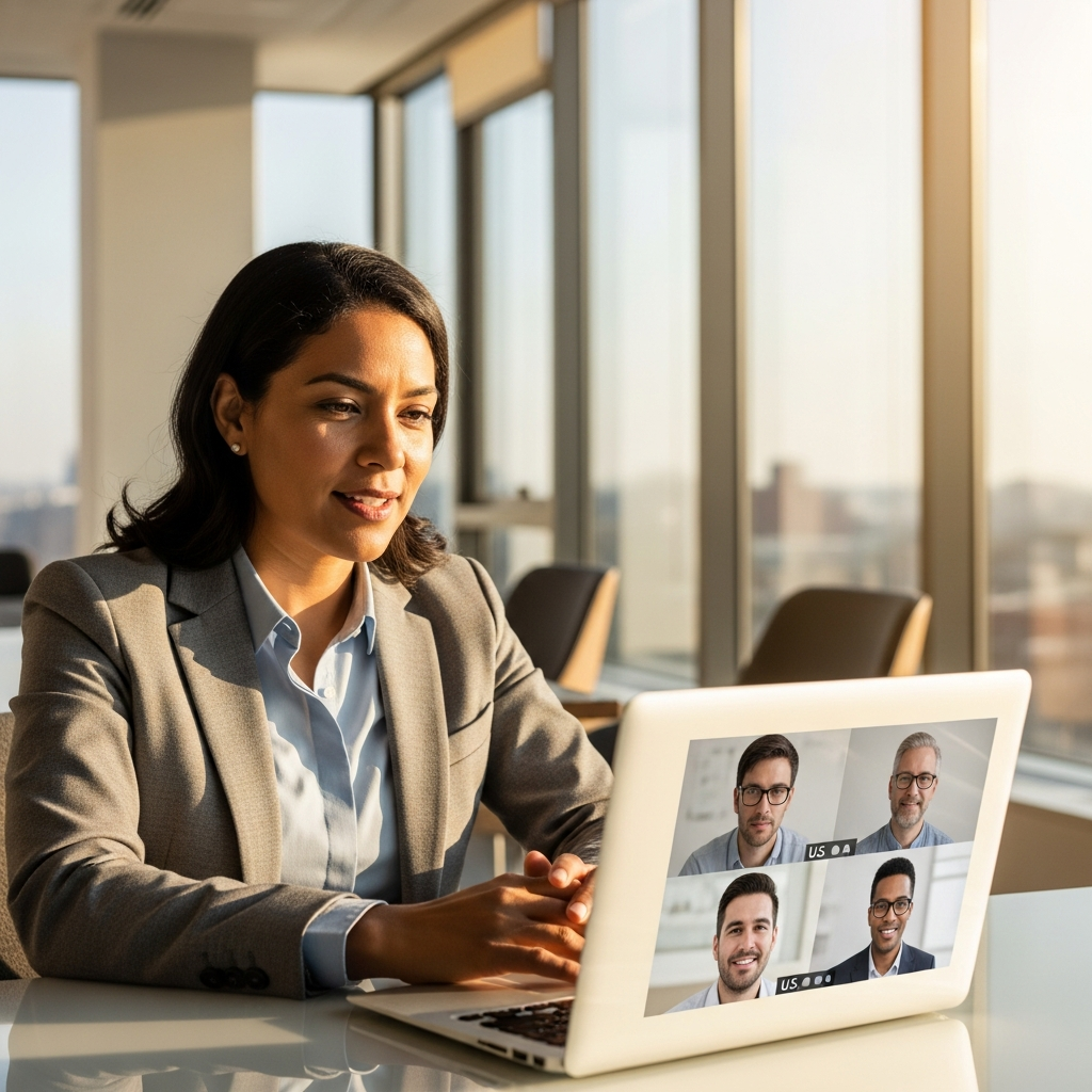 Latin American professional on a video call with US colleagues, bright modern office, warm lighting, engaged and confident expression, documentary style