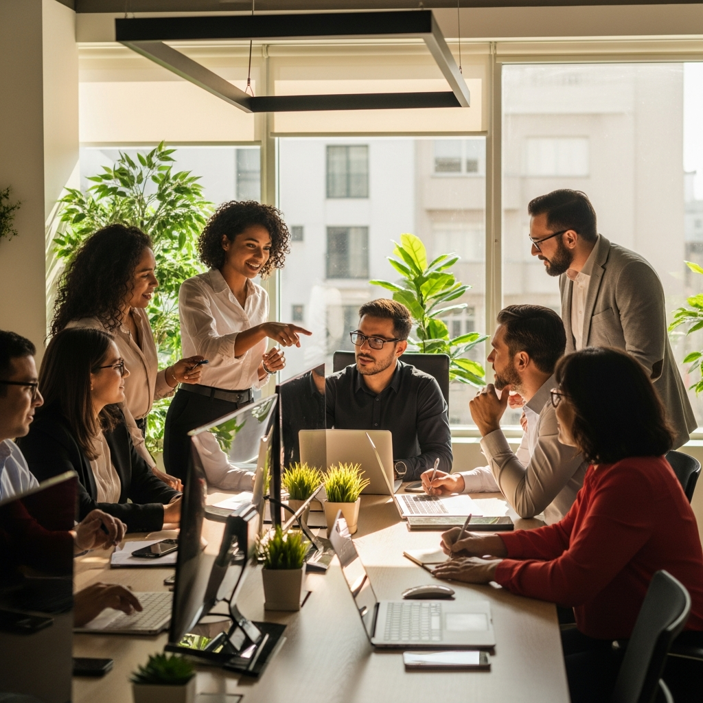 modern Latin American professional office, diverse team collaborating, warm sunlight through large windows, editorial documentary style, vibrant and human
