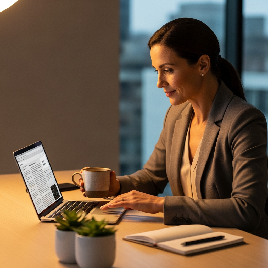 professional reading article on laptop in modern office, warm editorial light, relaxed and focused, clean minimal desk