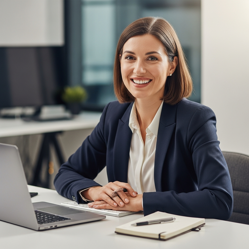 friendly ISA talent strategist at modern desk ready for a call, warm approachable smile, professional office, editorial portrait light, inviting and confident