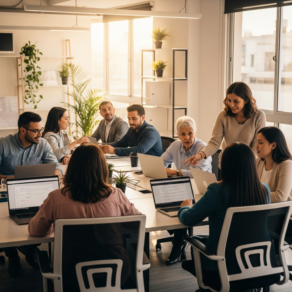 Latin American professional team working in a modern bright office, collaborative atmosphere, warm natural light, diverse group at desks with laptops, documentary editorial style