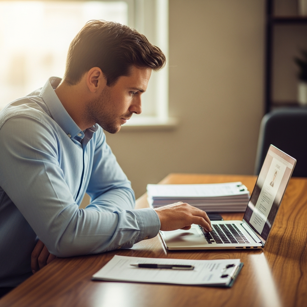 ISA recruiter reviewing candidate profiles at modern desk, focused and professional, warm office light, documentary editorial style