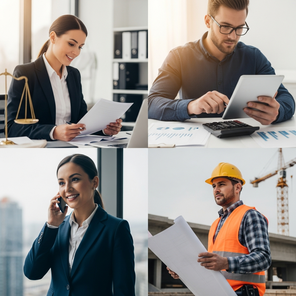 split composition showing professionals from different industries — legal, accounting, insurance, construction — collaborative editorial style, warm confident lighting