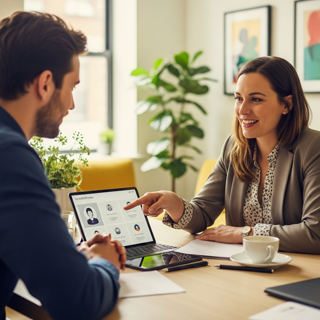 ISA-style recruiter and candidate in warm one-on-one meeting, reviewing candidate profile together, professional and human, documentary style