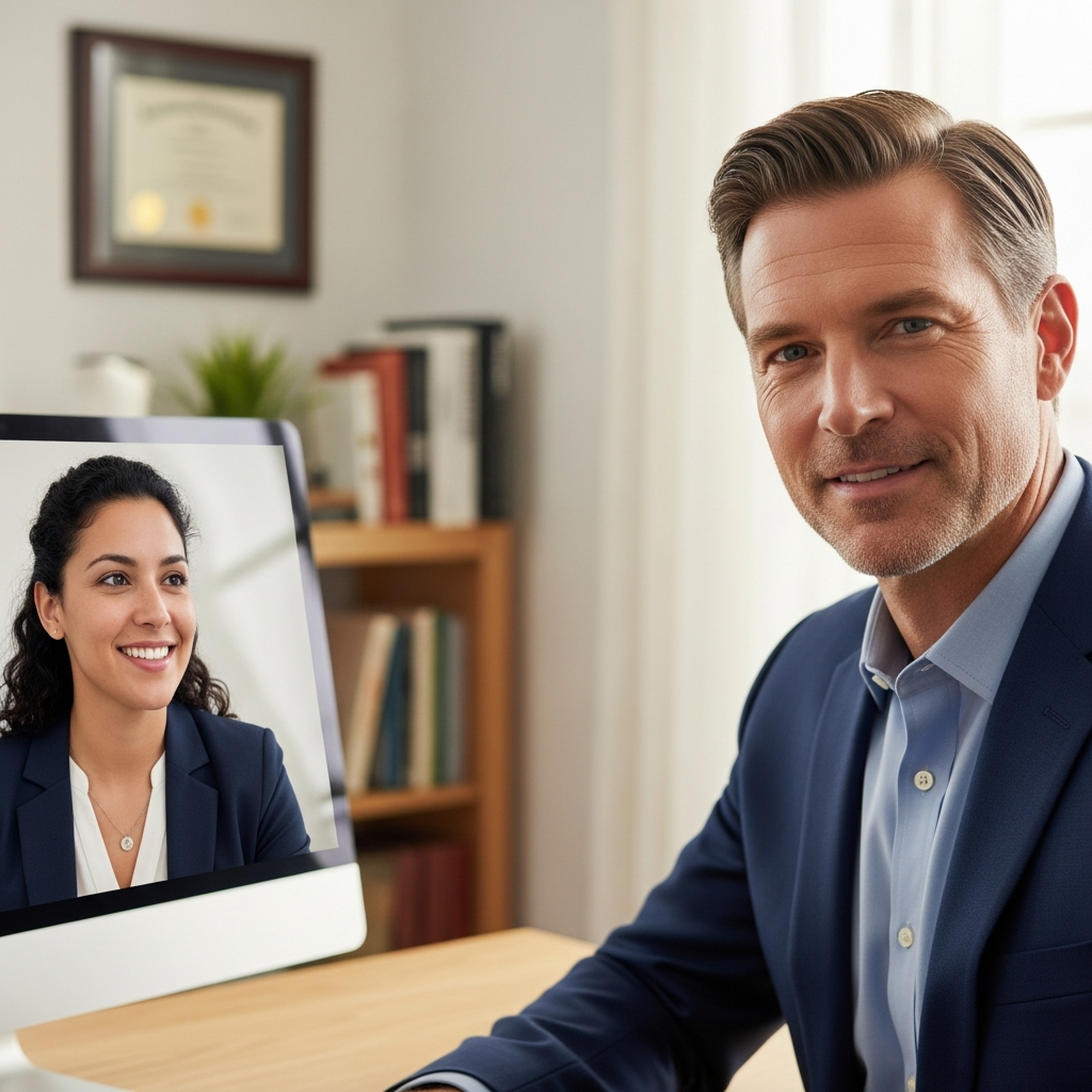 US hiring manager on video call interviewing Latin American candidate, professional setting, warm collaborative tone