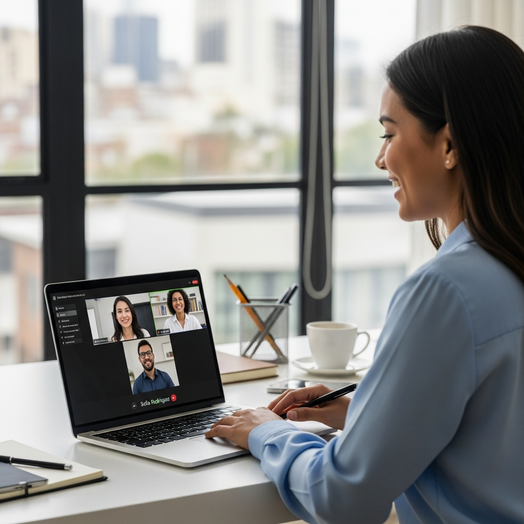 Remote Latin American employee integrated into US team on video call, productive and engaged, modern office