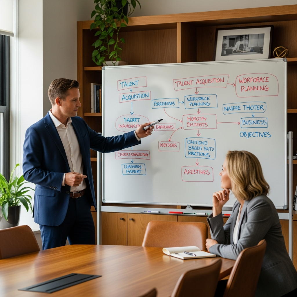 talent strategist and client in discovery meeting, whiteboard with notes, warm collaborative office setting, professional and engaged
