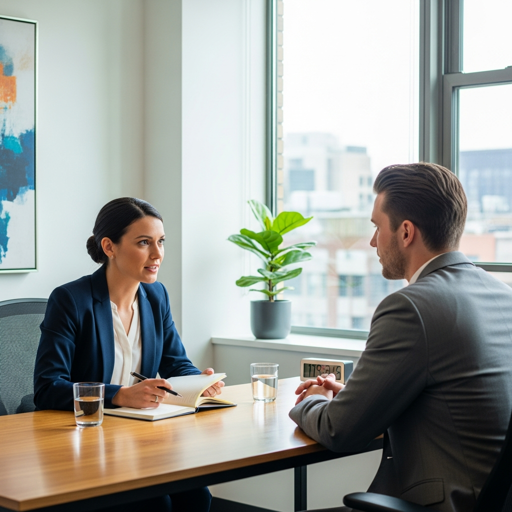 ISA recruiter conducting structured interview with candidate, focused and professional, modern bright office, documentary style