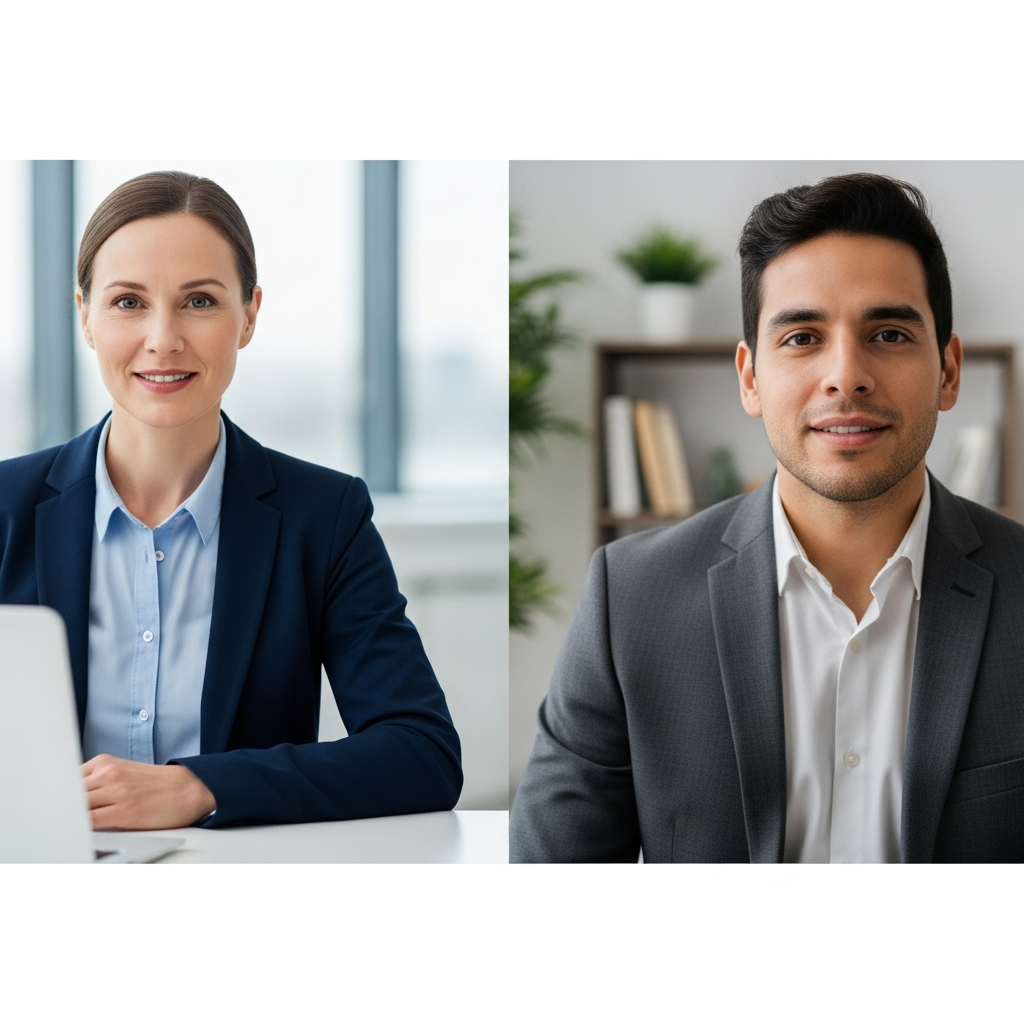 US hiring manager on video call interview with Latin American candidate, professional, warm, engaged, dual-screen split view