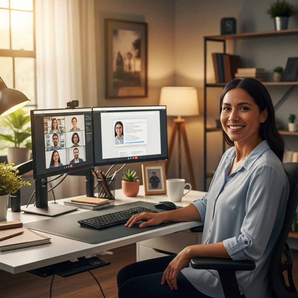Latin American professional working confidently at desk integrated into US remote team on monitors, productive and happy, warm office