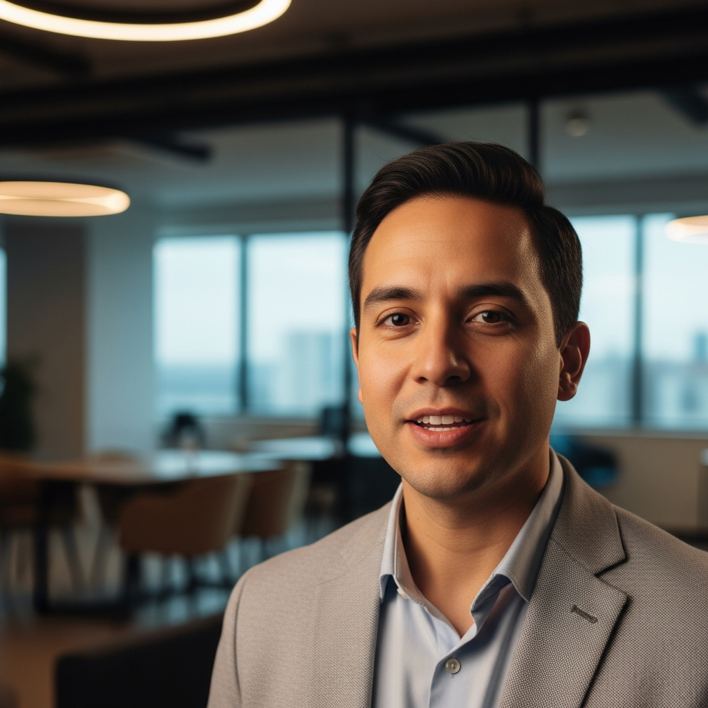 Latin American professional speaking confidently to camera in modern bright office, documentary interview style, warm lighting